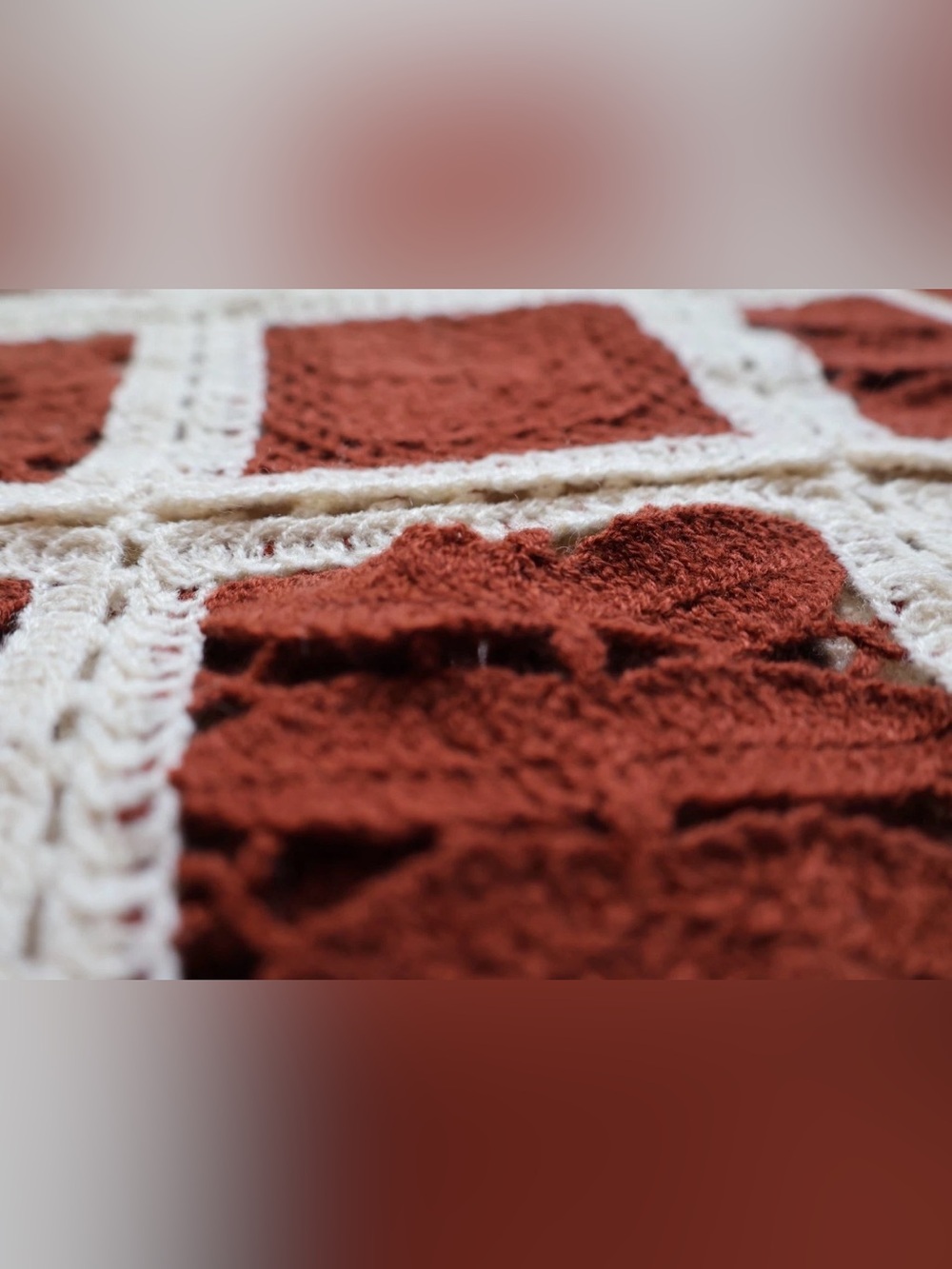 Cropped Crochet Floral Granny Square Sweater Top Hippie Boho Rust Ivory Size S - Picture 6 of 13